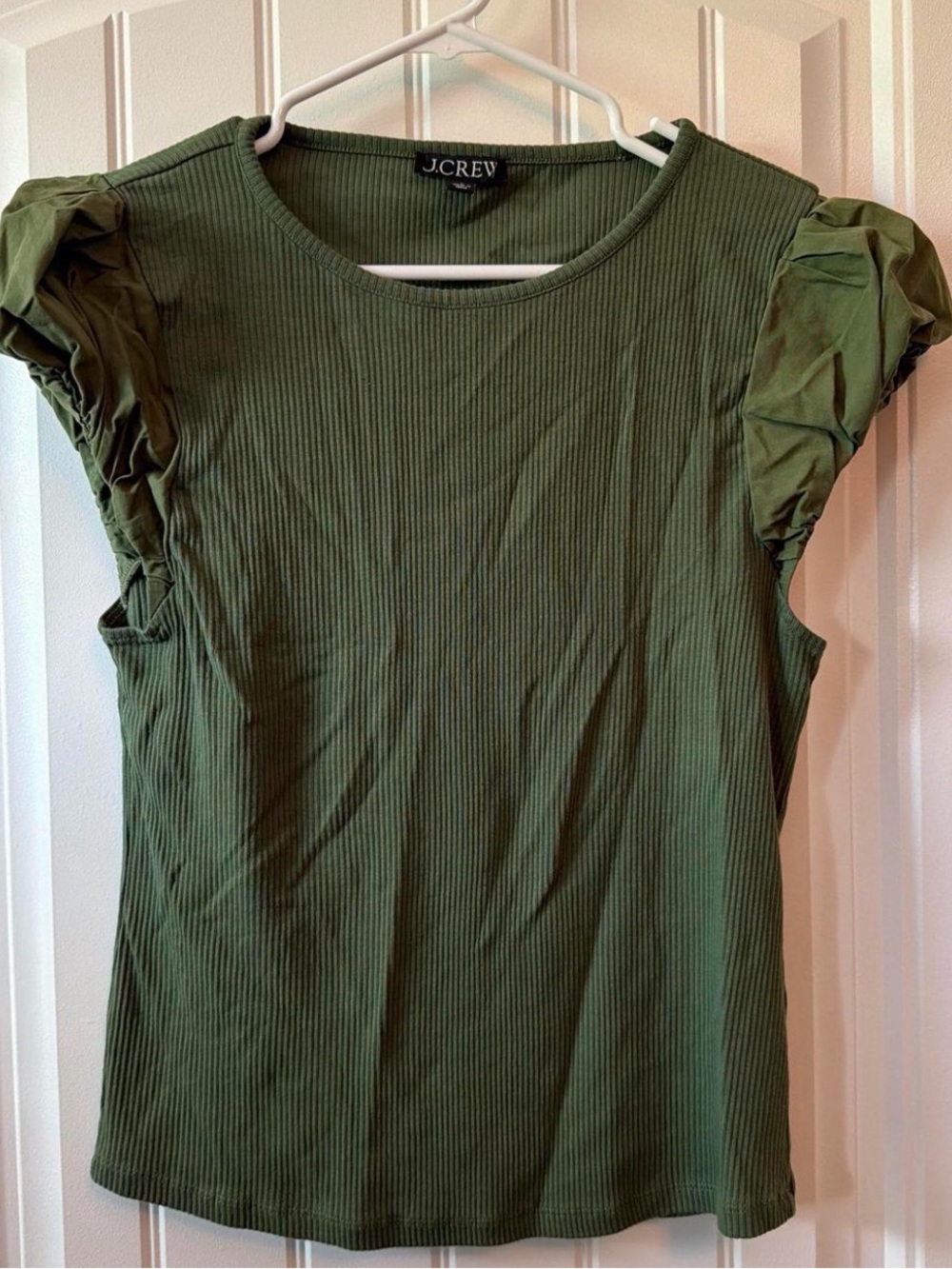 J.Crew Olive Green Ribbed Ruffle Sleeve Tee